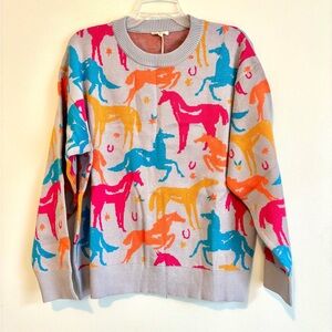 NWT Jodifl Multicolor Horse Sweater Gray Crewneck Knit Pullover XL